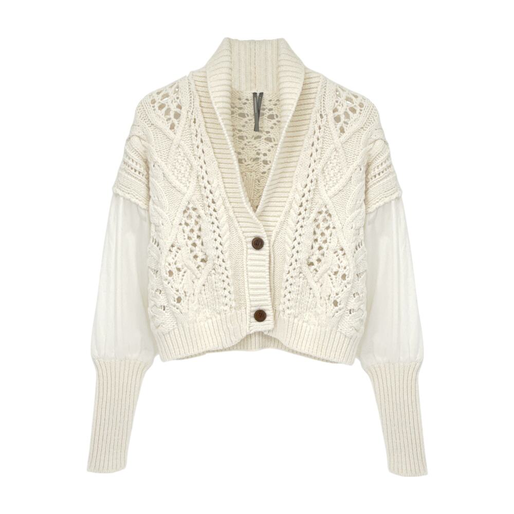 ANTHROPOLOGIE Balloon-Sleeve Twofer Cable-Knit Cardigan Sweater S